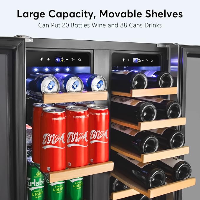 24" Dual Zone Wine and Beverage Cooler Quiet Compressor | Dual zone, quiet <38dB, fast cool, smart touch, temp memory, built-in/free, 20 wine+88 cans