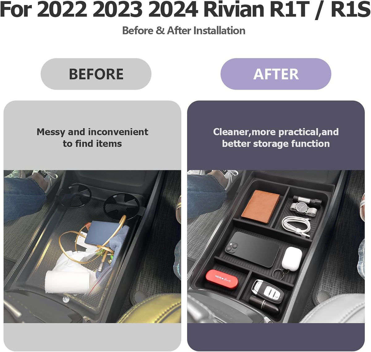 LUWU for 2022-2026 Rivian R1T/R1S Center Console Organizer Rivian Armrest Storage Armrest Organizer Insert Tray Rivian R1T/R1S Lower Console Organizer Storage Tray 2025 2026 Rivian R1T/R1S Accessories