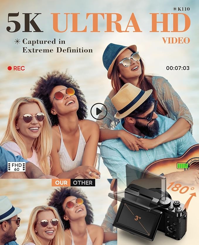 True 5K 64MP Digital Camera for Photography, Autofocus 18X Zoom, Comes