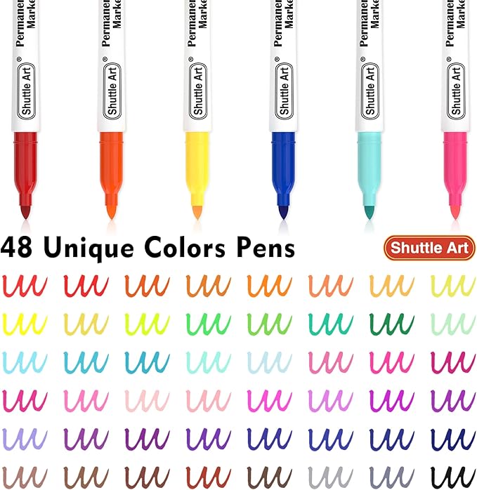 Shuttle Art 48 Colors Permanent Markers, Fine Point, Assorted Colors, Works on Plastic,Wood,Stone,Metal and Glass for Doodling, Coloring, Marking