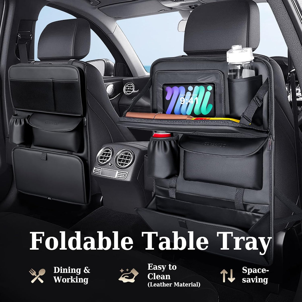 Coverado Backseat Car Organizer, Nappa Leather Car Seat Organizer with Touch Screen Tablet Holder, Foldable Food Tray, Kick Mats Protector, Multi Car Storage Accessories, Garbage Bag Holder-1 Pack