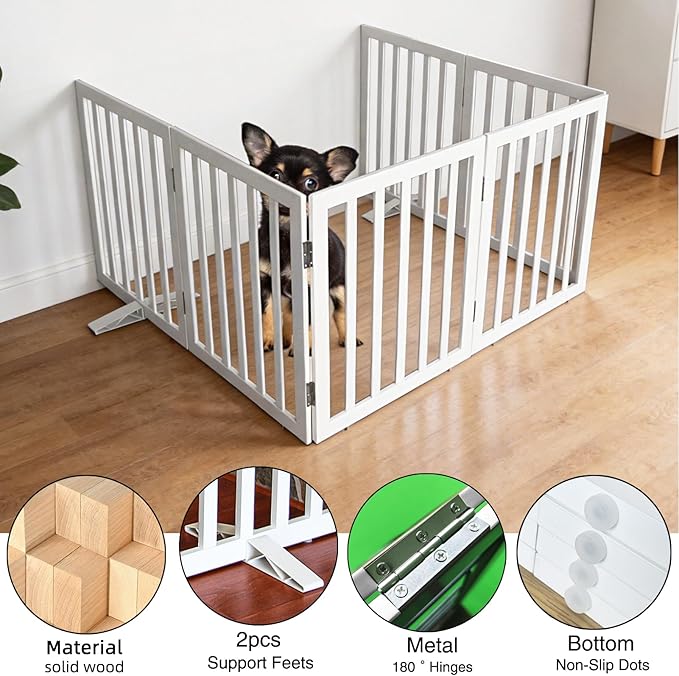 ZJSF Freestanding Indoor Dog Gate for House Foldable Wood White Puppy Gate for Doorways Pet Gate for Stairs Extra Wide Pet Fence 24" Height 6 Panels