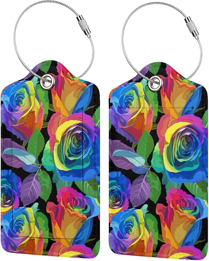 Rainbow Rose Flowers Luggage Tag for Women Girls, Sport Suitcase Tag Leather Travel Baggage Identifiers Tags with Full Back Privacy Name ID Card Set of 2