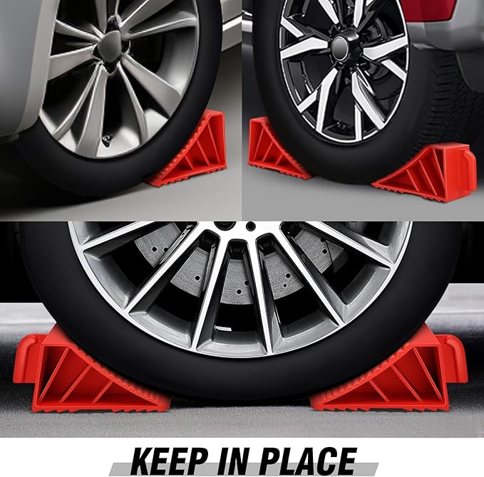 DNA MOTORING 2pcs Wheel Chocks Tire Chocks, Trailer Wheel Chocks RV Wheel Chocks for RV Trailer, Keeps Trailer in-Place, with Handle, Red, 2-Pack, TOOLS-00698