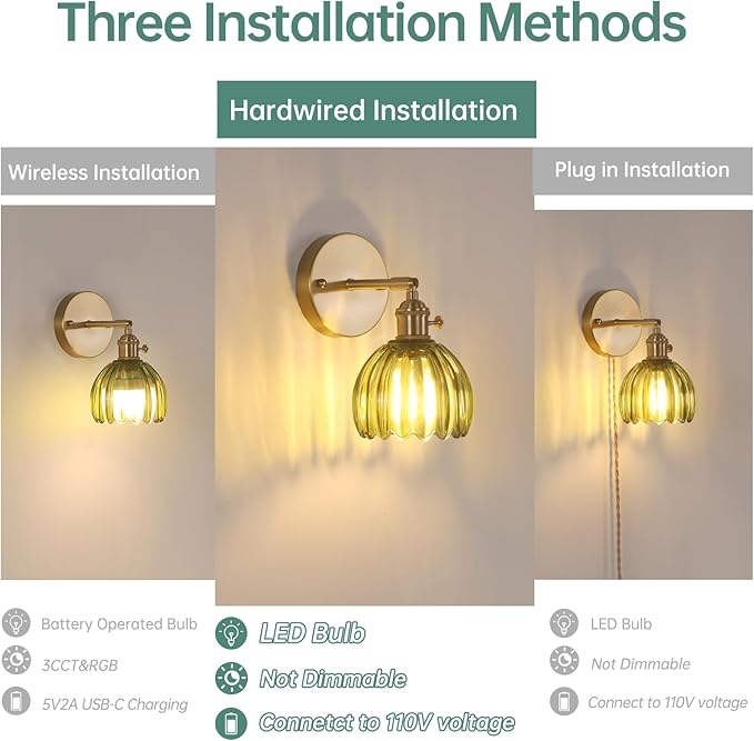 Vintage Wall Sconces Set of 2 with Green Tulip Glass Lampshade 180 Degree Adjustable Brass Sconces Hradwired Modern Wall Lighting Fixture with Switch for Bedside Bedroom Doorway