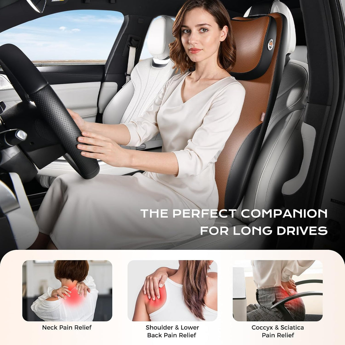 Coverado Car Seat Cushion and One Piece Lumbar Support with Adjustable Neck Cushion for Car, Ergonomic Memory Foam Car Back Support, Truck Seat Cushion for Sciatica Back Neck Pain Relief, Blackbrown