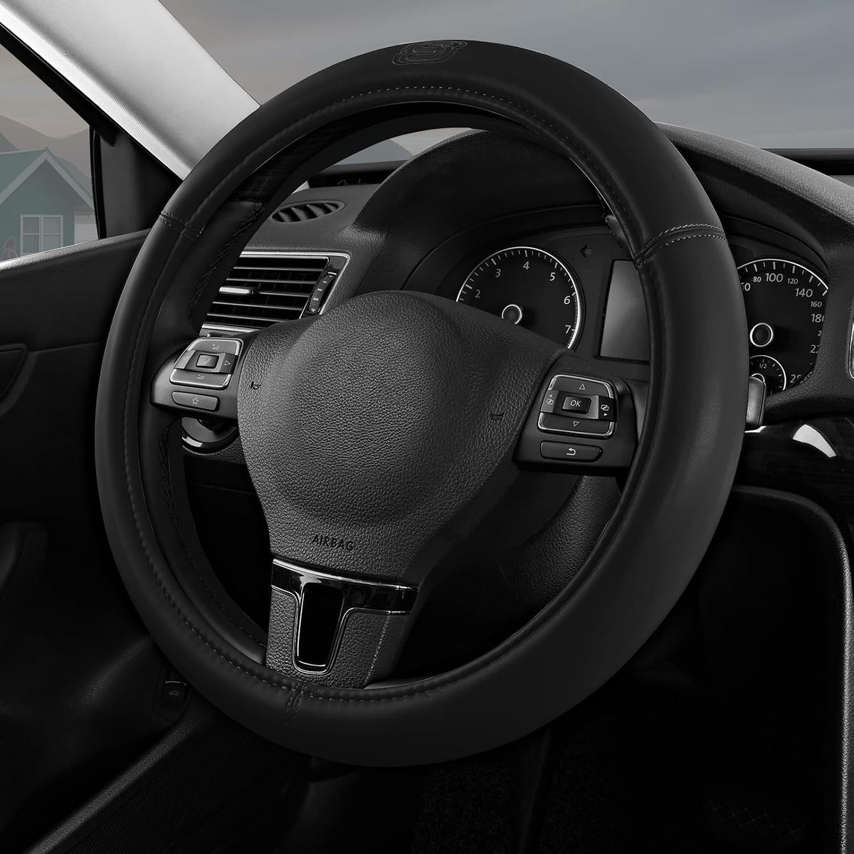 Skechers Memory Foam Steering Wheel Cover,Grade Protein Leather Steering Wheel Cover,Universal Anti-Slip Fit 14" 1/2-15" Car Wheel Cover for Men Women Fit Suvs,Vans,Sedans,Car,Trucks,Black