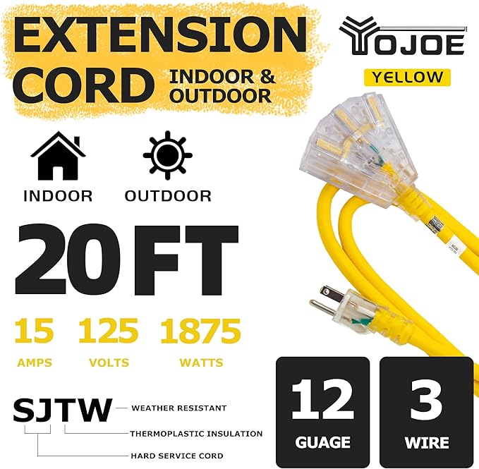 YOJOE 3-Outlets Indoor Outdoor Extension Cord with Lighted End, 3 Prong 15A Weatherproof Power Cord, 12 Gauge Heavy Duty 20 ft Yellow Extension Cord Multiple Outlets, 12/3 SJTW UL Listed