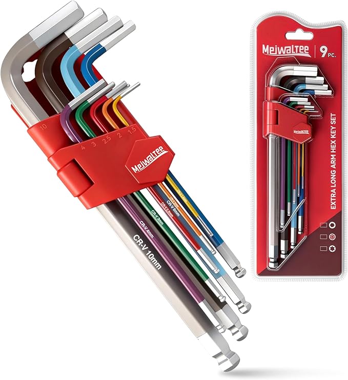 Meiwaltee 9PCS Extra Long Arm Allen Wrenches Set, Metric Ball End Hex Key Set(1.5mm-10mm), Color-Coded Anti-Slip Wrenches For Bike Repair, Furniture Assembly, Motorcycle Maintenance,DIY Project.