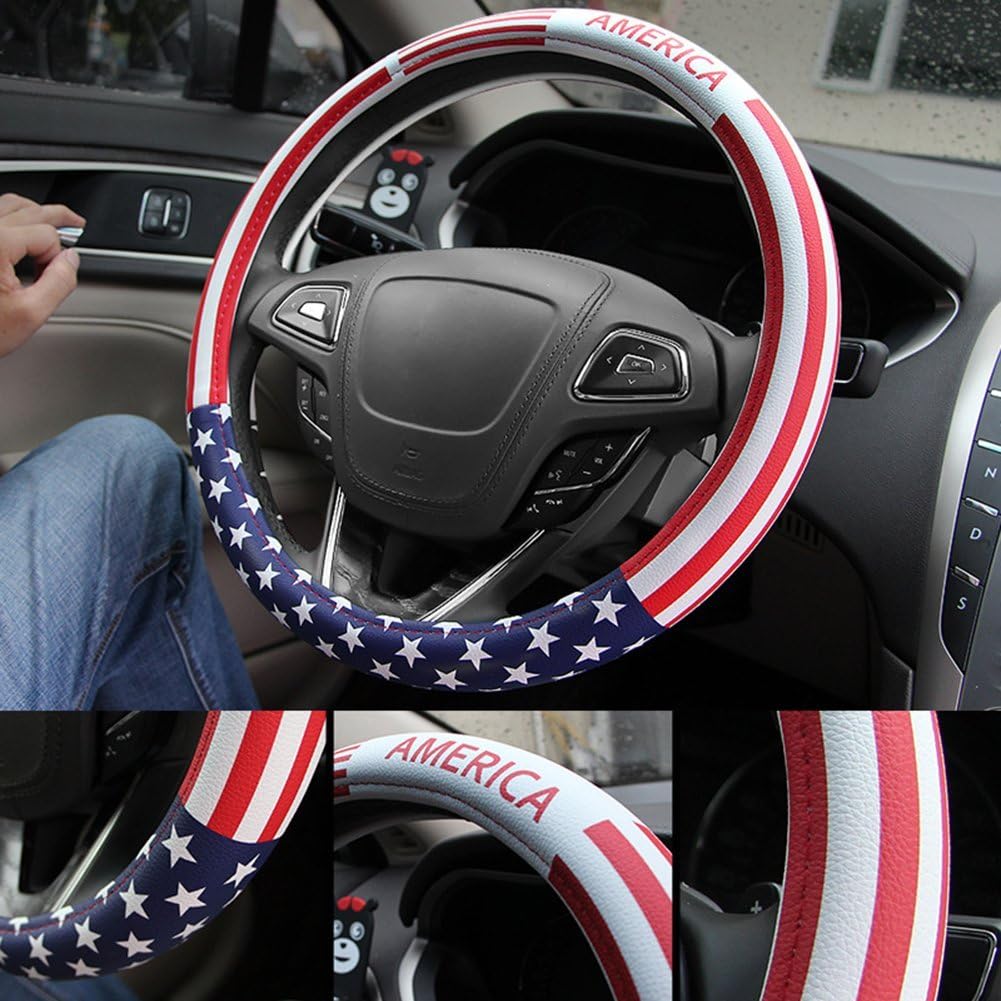 Dotesy Leather Auto Steering Wheel Cover, Fashion Flag Style Car Steering Wheel Cover Protector Universal for 36.5-38cm (American Flag)
