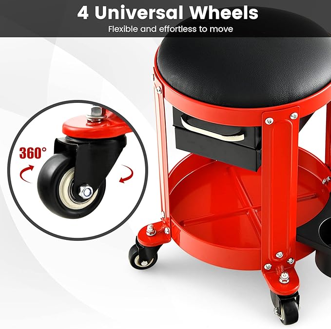 Nightcore Workshop Rolling Seat, Round Creeper Stool with Removable Cushion, Tool Tray, 2 Drawers & Twin Can Holders, Mechanic Roller with 4 Universal Casters for Garage, 300 Lbs Weight Capacity