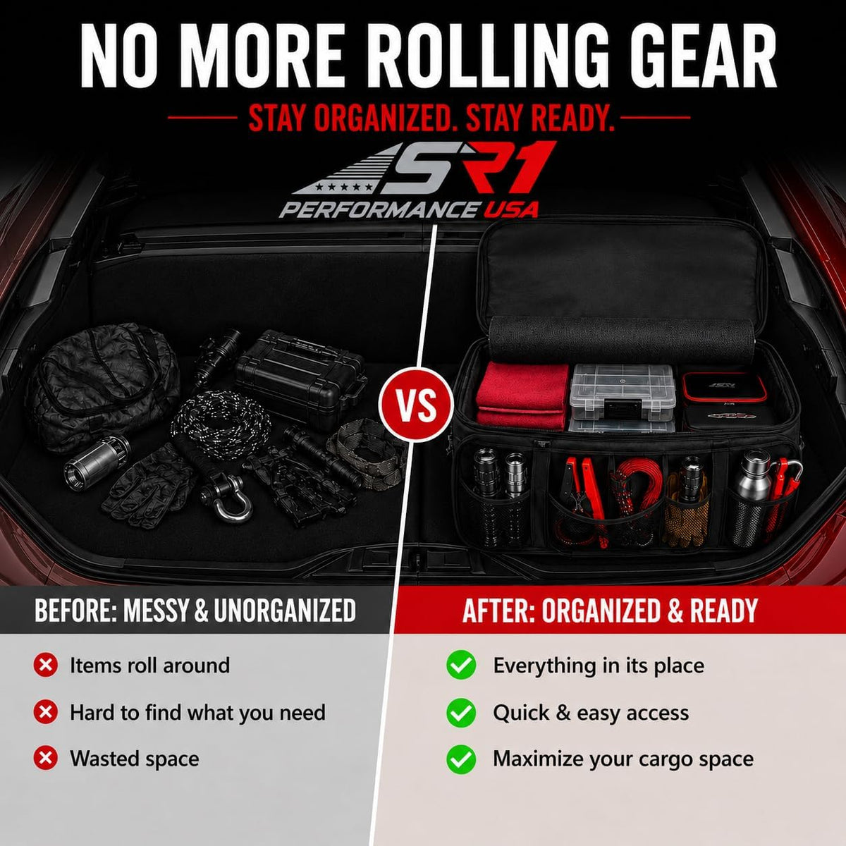 SR1 Performance USA C7 Corvette Trunk Organizer – Expandable Pop Up Collapsible Cargo Storage Caddy for 2014-2019 Chevrolet Corvettes – Black with Crossed Flags Logo