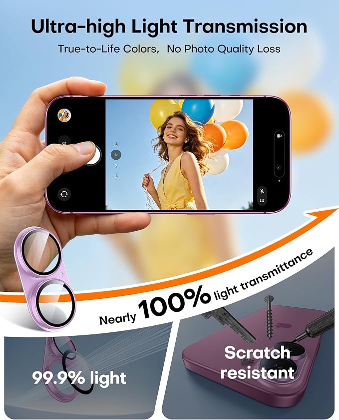 TAURI 2 Pack for iPhone 16/16 Plus Camera Lens Protector, Full Coverage
