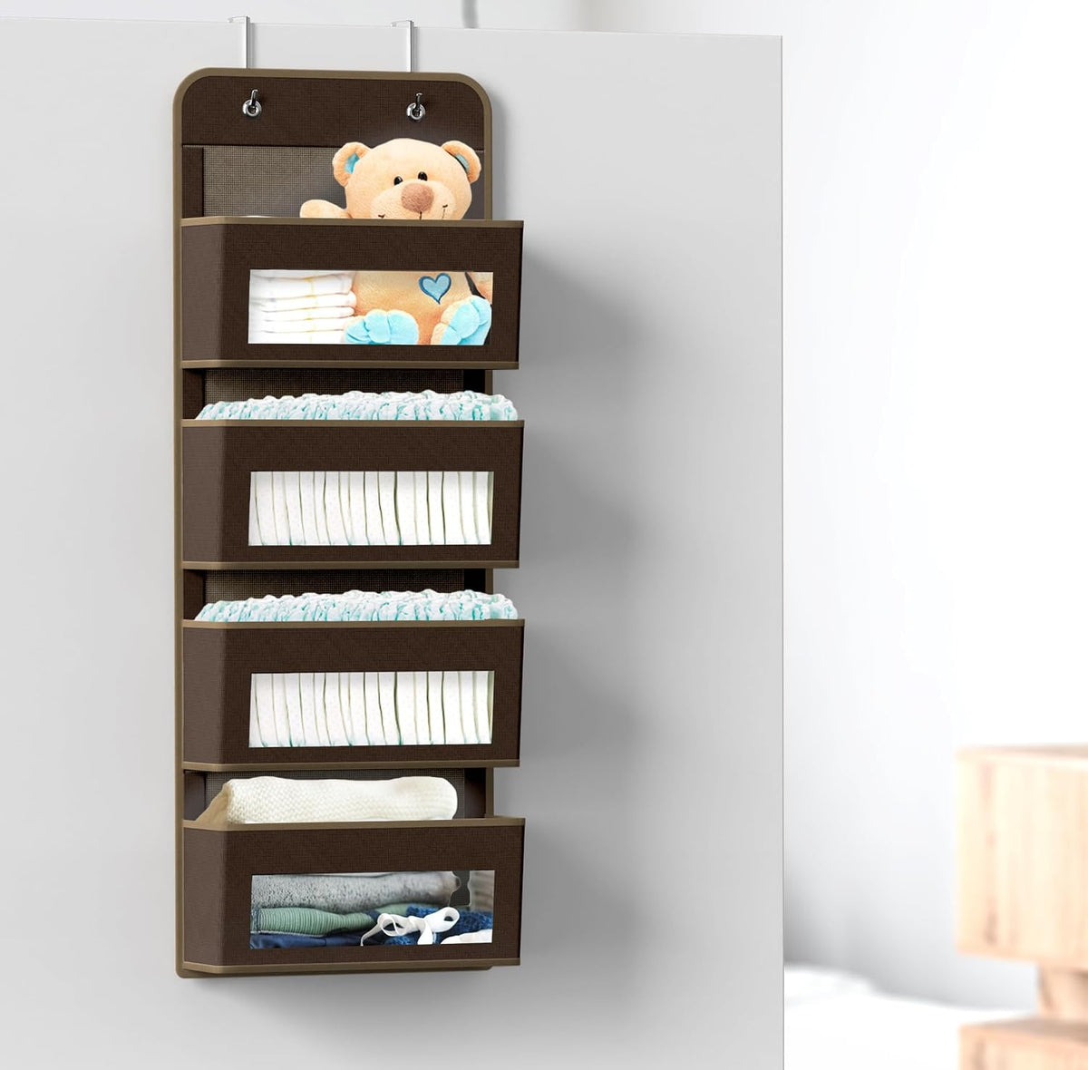 Simple Houseware 4 Clear Window Pocket Over Closet Door Storage Hanging Organizer for Bedroom, Bathroom, Pantry, Brown