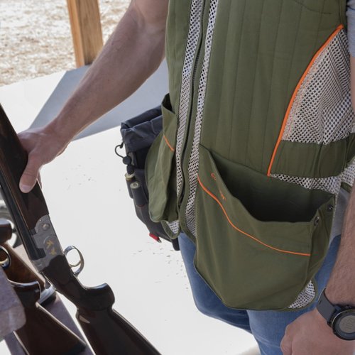 Allen Company Ace Shooting Range Vest with Moveable Shoulder Pad - Shooting Apparel for Adults - Medium/Large and X-Large/2XL Sizes - Olive/Tan