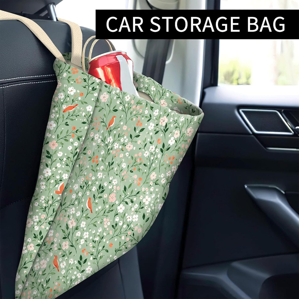 Car Trash Can, Cute Car Trash Bag, Hanging Car Organizer and Storage Bag, Trash Bin for Car Accessories, Vehicle, Travelling, Camping Cute Green Floral