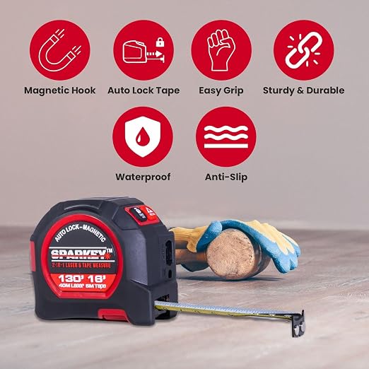 SPARKEY 2-in-1 Laser Tape Measure, 130Ft Laser Distance Measurement,