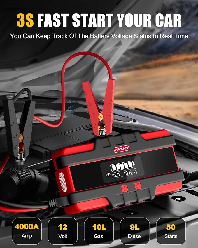 PJS06 Pro 4000A Car Jump Starter - Portable Power Bank with 40W Fast Charge, 10L Gas/9L Diesel Engine Starter, 3S Quick Start, Voltage Detector, LED Light, 10 Protections