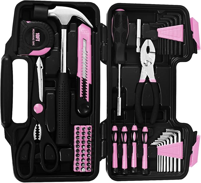 58-Piece household tool Set for home, General Household Hand Kit for home with Storage Toolbox, All Purpose Small Basic Tool kit for Women, Girls and Ladies,Pink