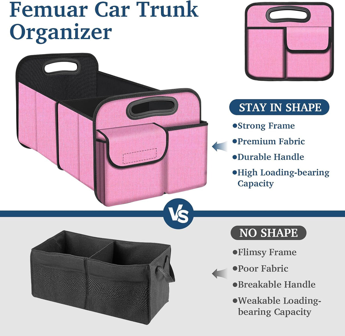 Femuar Car Trunk Organizer, Car Storage Organizer with Large Capacity Waterproof Collapsible Trunk Organizer for Car Suv/Jeep/Sedan (Pink, Standard)