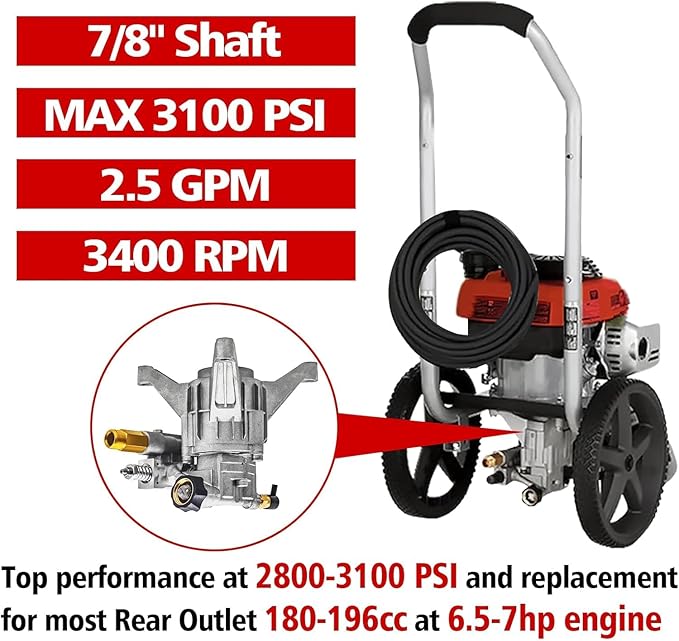 7/8" Shaft Vertical Pressure Washer Pump Max 3100 PSI Power Washer Pump Replacement Rear Inlet/Outlet 2800-3100 PSI, Compatible with Honda,GCV160,GCV190,Homelite,Craftman,Simpson,Briggs&Stratton
