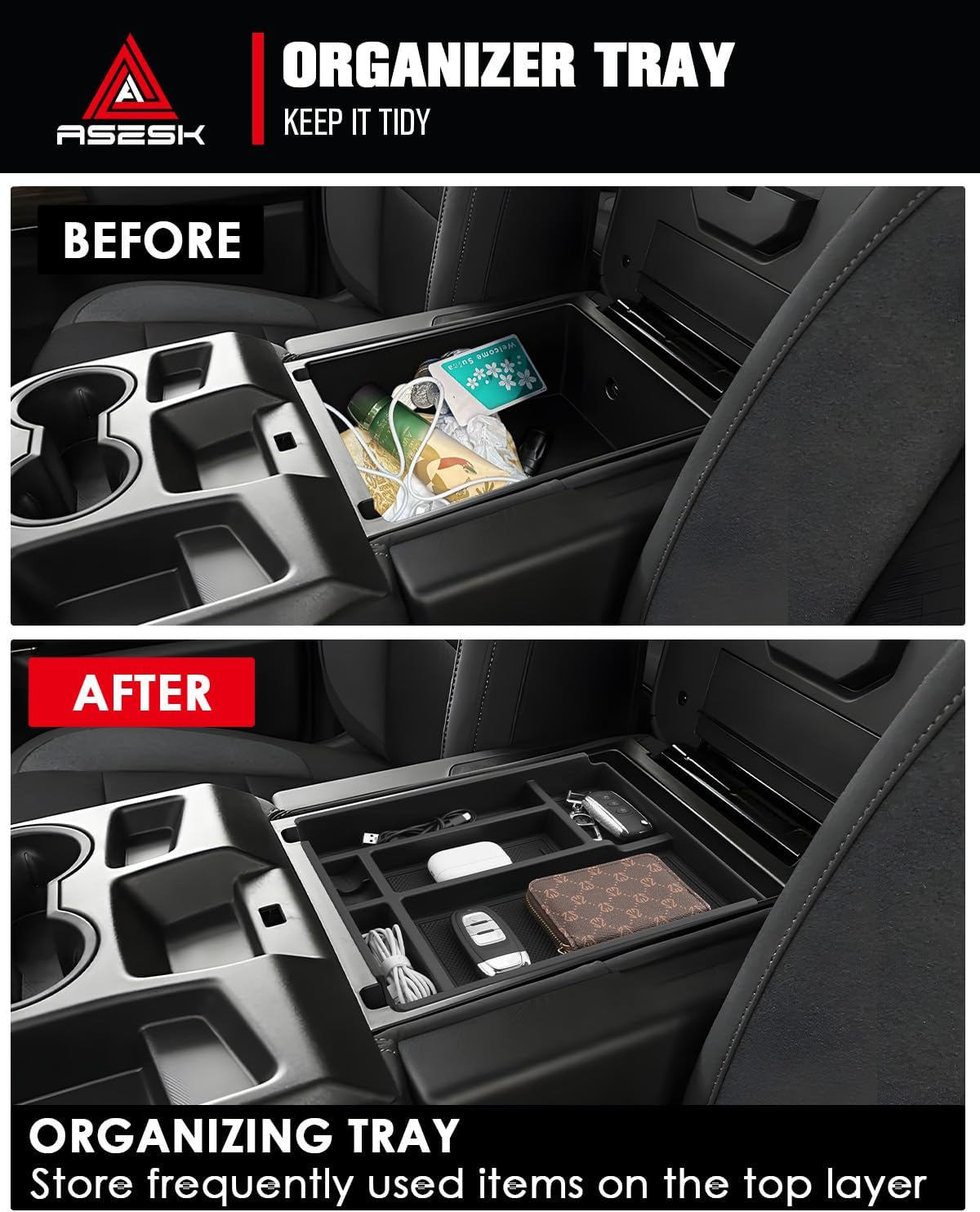 For 2019-2026 Chevy Silverado/Sierra 1500& 2020-2026 Silverado 2500HD 3500HD (Split-Bench Folding Seat) Center Console Upper Center Console Organizer ABS Materials