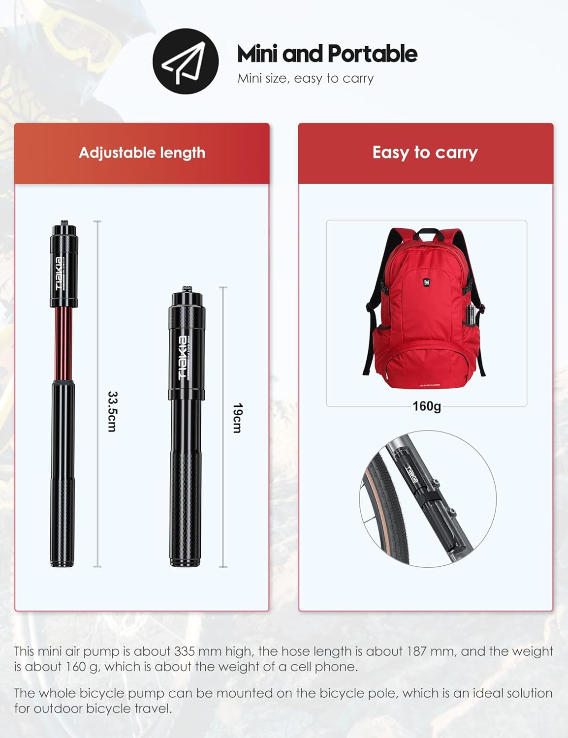 Tiakia Mini Bike Pump - Portable 260PSI High-Pressure Air Hand Pump for Presta & Schrader Valves | Aluminum Alloy Tire Pump for Road & Mountain Bikes