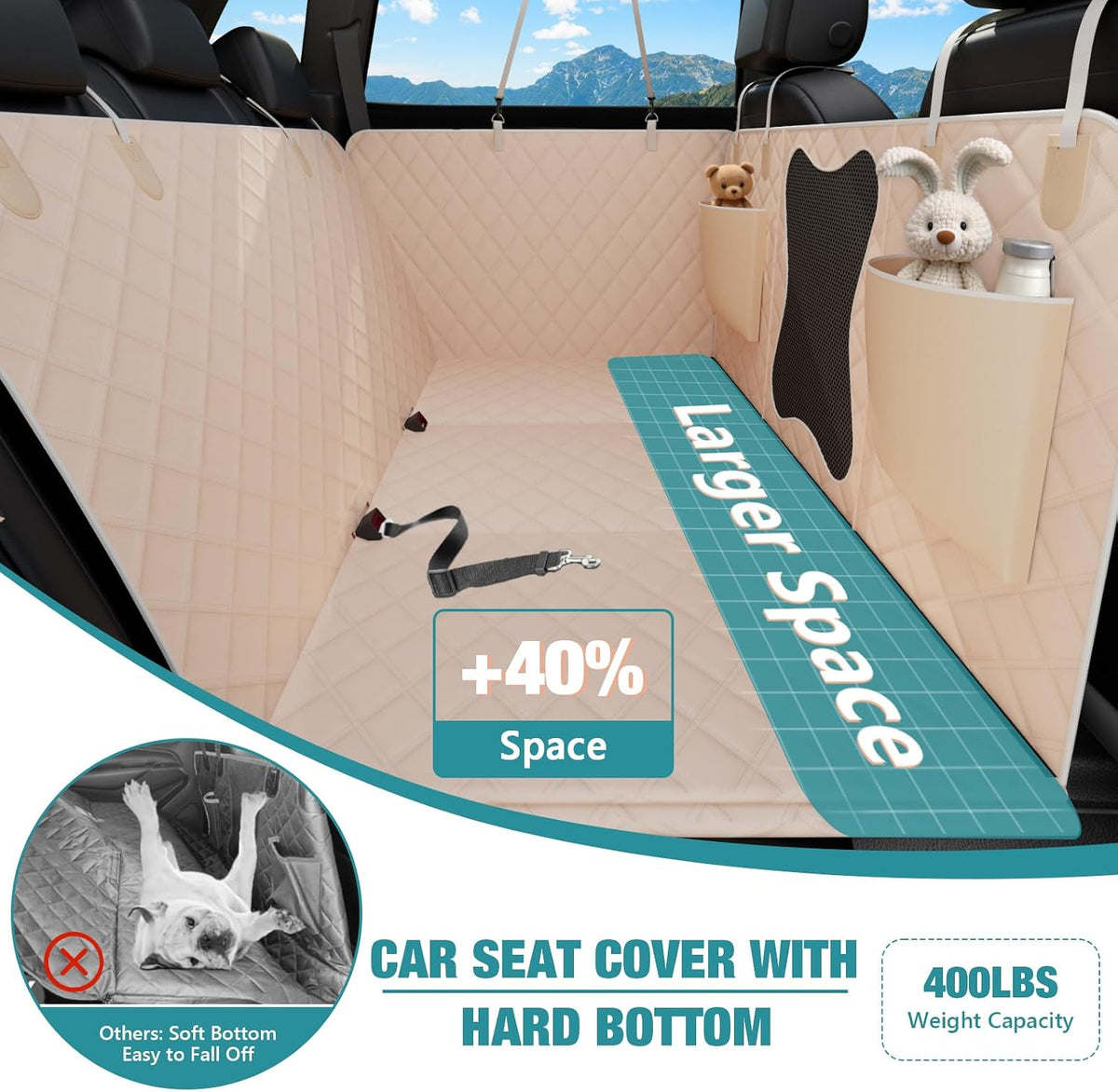 Bark Lover Dog Car Seat Cover for Back Seat – Heavy Duty Back Seat Extender for Dogs with Hard Bottom, 7-Layer Protection, Non-Slip & Scratchproof, Easy to Install (Beige)