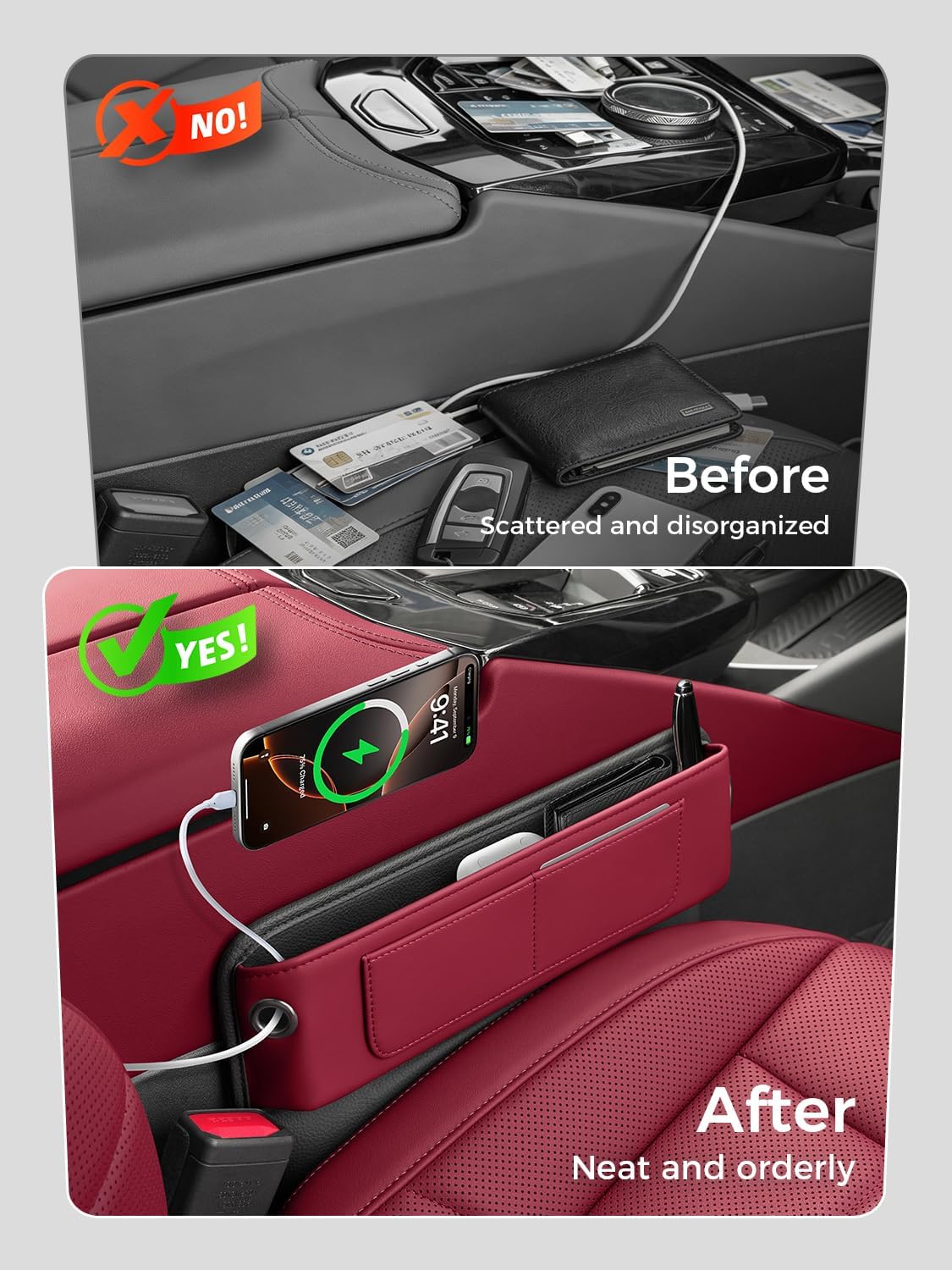 Car Seat Gap Filler Organizer – Phone Holder, Key/Card/Coin Slot, Premium Nappa Style Microfiber Leather, Prevents Drops. Universal Fit for Sedans, SUVs, Trucks (Burgundy)