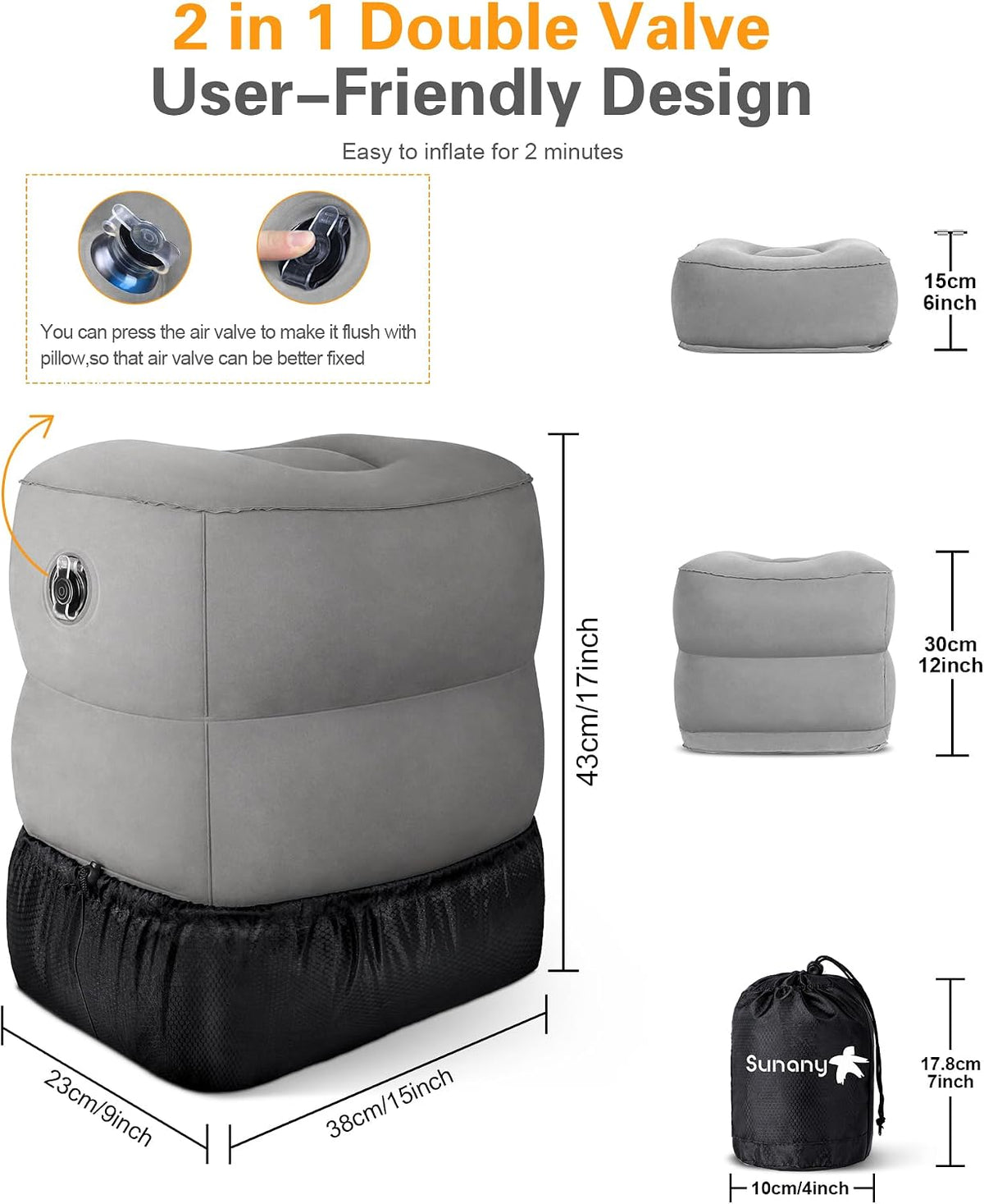 Sunany Inflatable Travel Foot Rest Pillow, Airplane Bed for Kids and Toddler, Adjustable Height Portable Car Leg Rest Pillow, Suitable for Airplane, Trains, Cars, Home, Office and Any Travel (2 Pack)
