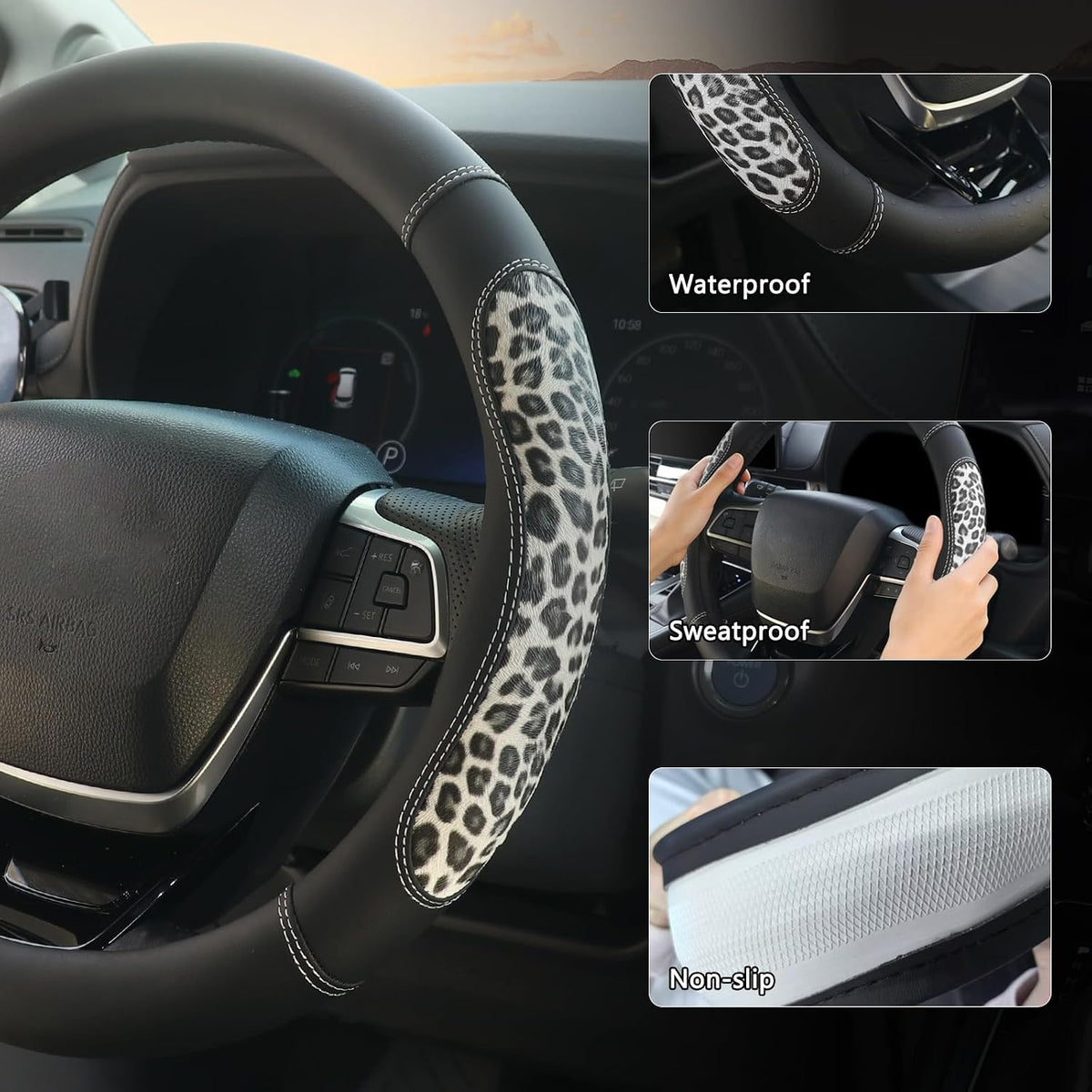 KAFEEK 15 in Leopard Steering Wheel Cover, Microfiber Leather, Black Beige
