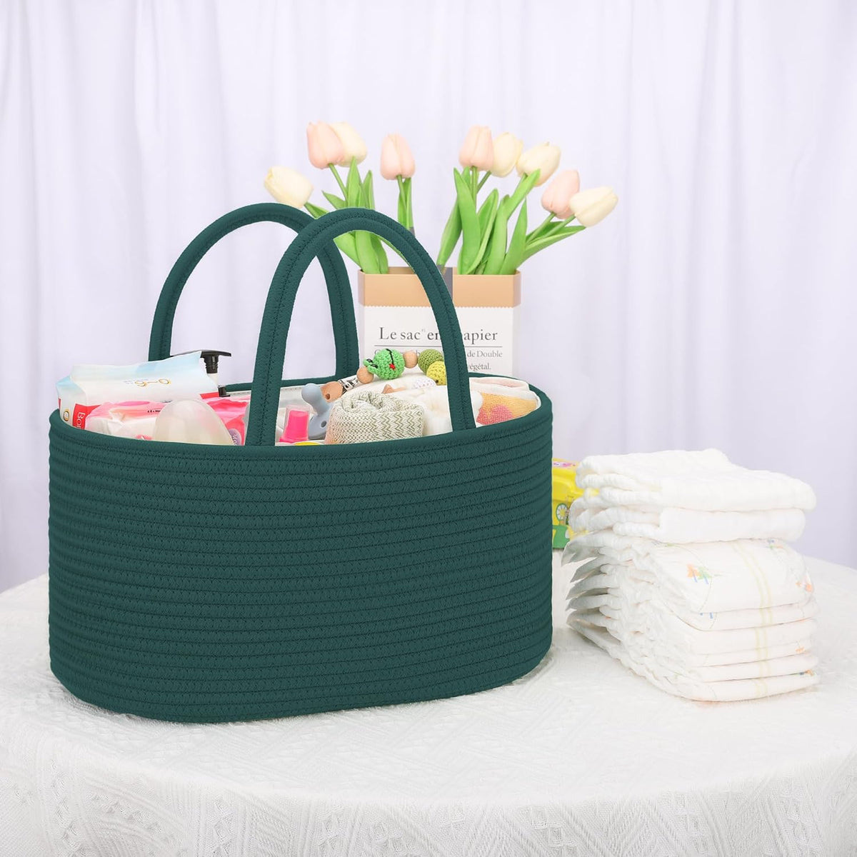 COMSE Baby Diaper Caddy Organizer, Car Caddy, Diaper Change Organizer, Gift Baskets Empty, Portable Tote Bag with Divider, Baby Shower Gifts Newborn Essentials Registry Must Have, Dark Green