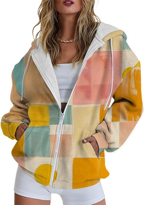 Domirica Women's Zip-Up Hoodie - Long Sleeve Retro Graphic Sweatshirt with Pockets | Trendy Style