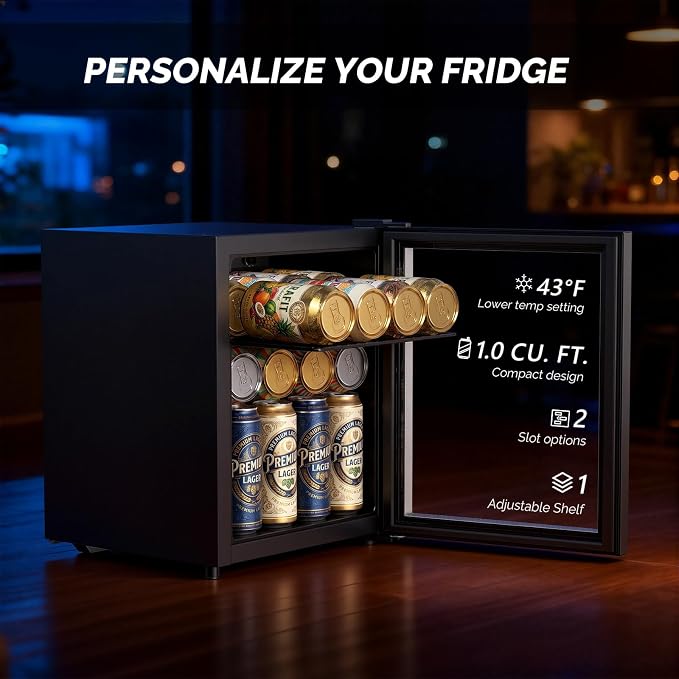 ROVSUN 46 Cans/1.0 Cu.Ft. Beverage Refrigerator Cooler, Countertop Small Fridge with Double Layer Glass Door & Adjustable Shelf for Bedroom Home, Quiet Mini Fridge for Soda Wine Beer, 43-64°F, Black