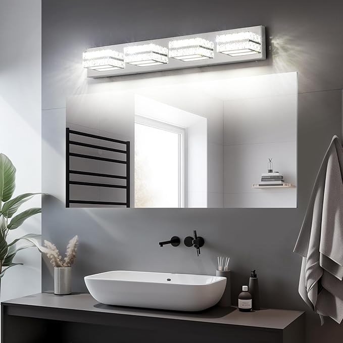 OKELI Crystal Vanity Lights LED Bathroom Vanity Light Fixture Over Mirror Modern Indoor Mirror Front Lamp, 6000K Cold White Dimmable, 4-Lights, 24W, ETL Listed