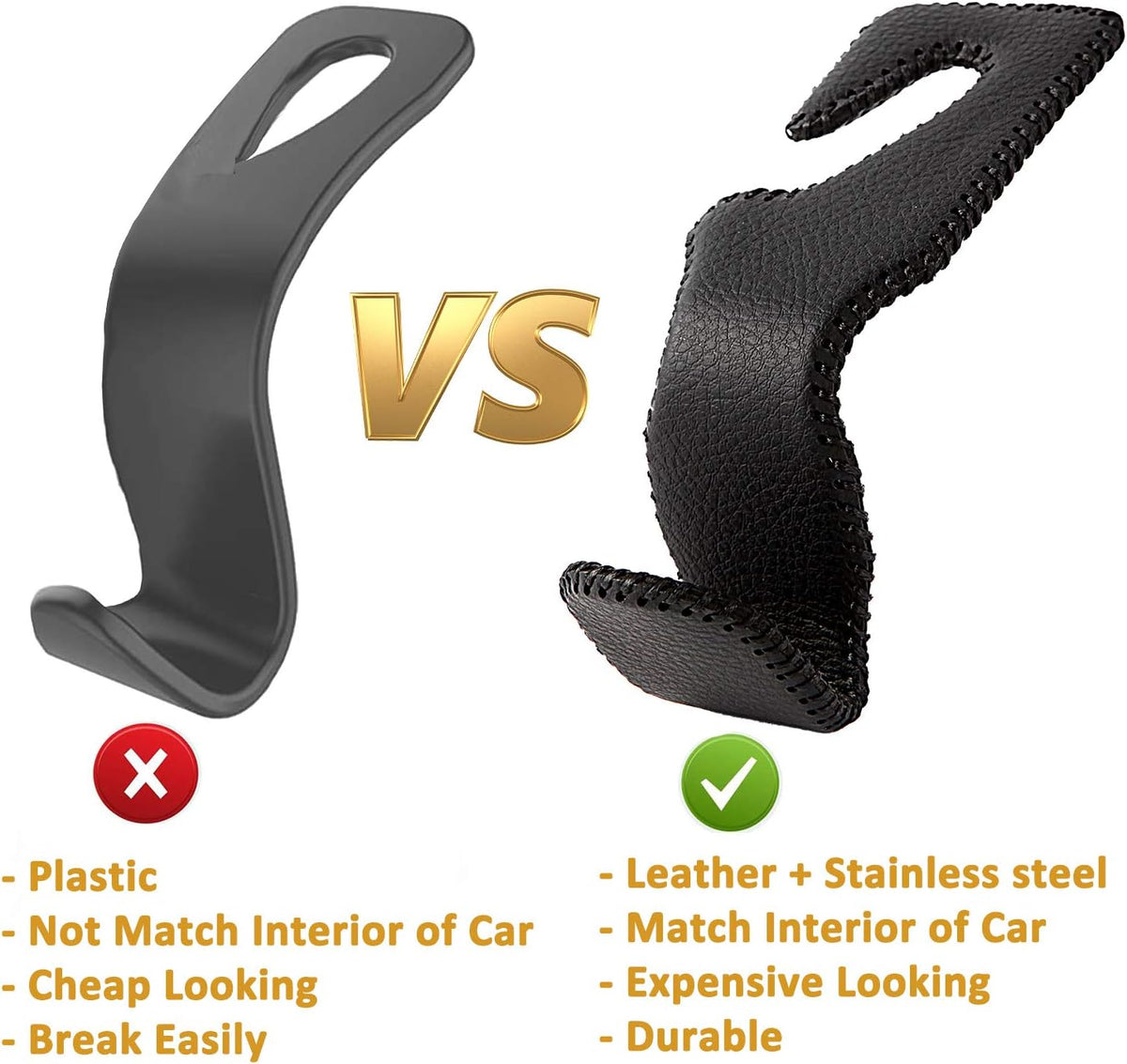AMVOYOA Car Headrest Hook, Leather Vehicle Back Seat Hanger Storage for Purse Groceries Bag and More, Black&Red, Pack of 2
