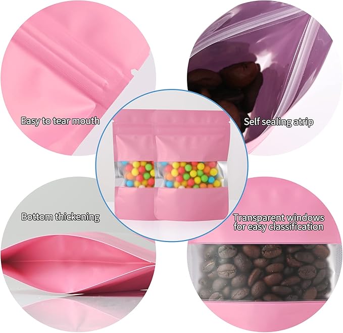 100 Pieces Smell Proof Mylar Resealable Food Storage Bags With Clear Window, Foil Pouch Stand-up for Self Sealing Supplies (Pink, 4.7 x 7.8 Inch)