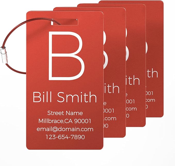 4 Personalized Metal Luggage Tags for Suitcase, Laser Engraved with Text and Logo, Custom Aluminum Name Tags with Stainless Steel Ring, for Travel, Golf Bag, and Baggage (Red)