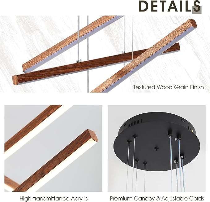 LED Linear Pendant Light for Dining Room Wood Grain Finish 4 Light LED