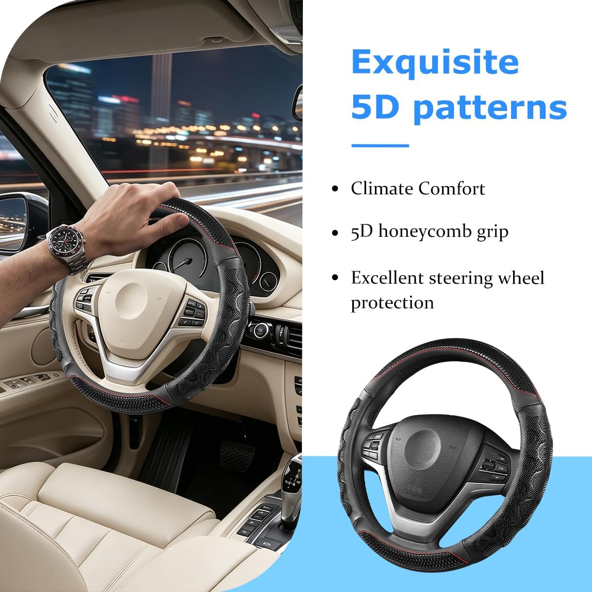 Car Steering Wheel Cover, 3D Honeycomb Anti-Slip Breathable, Black