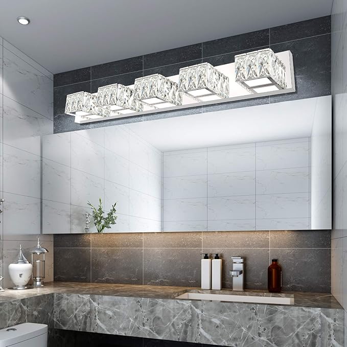 ZUZITO 5 Lights Bathroom Vanity Light - Crystal Modern Bathroom Light Fixtures - 30W Dimmable Vanity LED Lights for Restroom - Chrome Bath Light bar Cool White Light
