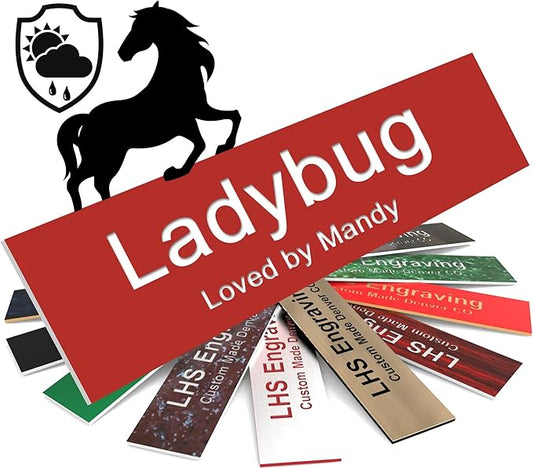 Personalized Horse Stall Name Plates, 2x8 Horse Stall Signs with Adhesive, All Weather UV Protected, Red Plastic White Letters - Made in USA - B7