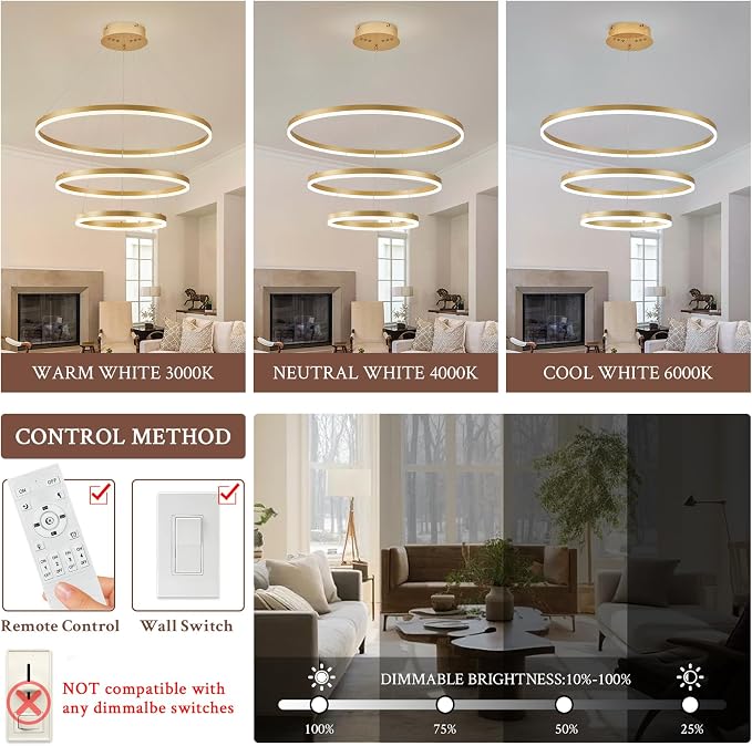 3-Rings Modern LED Chandelier Gold, Dimmable Pendant Lighting