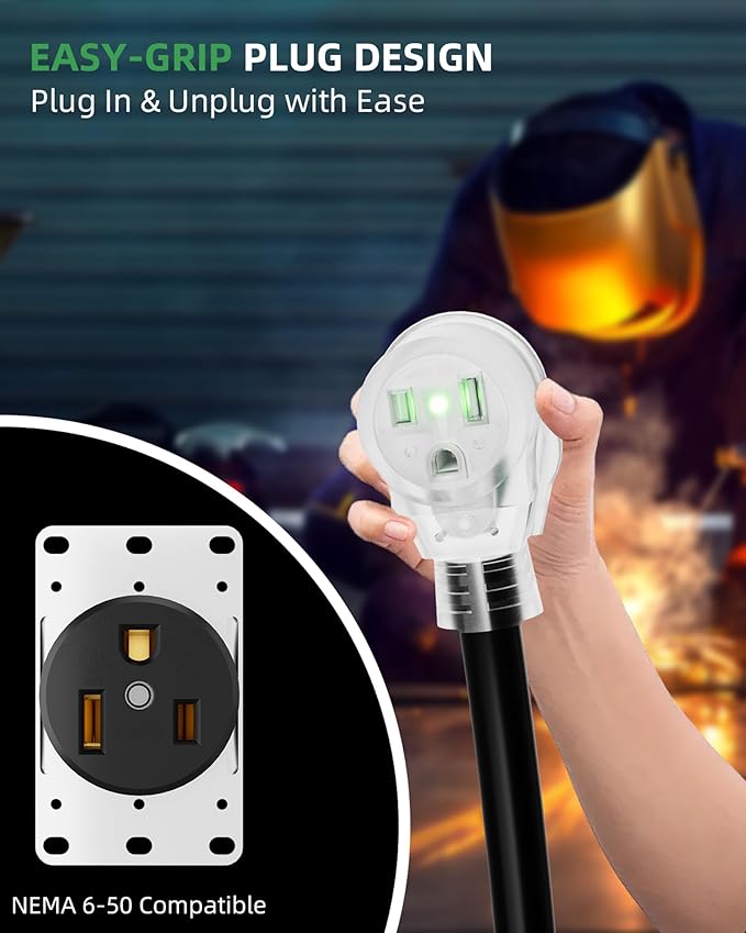 50ft 250V Welder Extension Cord, 8 Gauge Heavy Duty Outdoor Welding Cord with LED Indicator, NEMA 6-50P to 6-50R, 30 Amp 3 Prong Power Extension for Welding Machines, 8 AWG STW, ETL Listed
