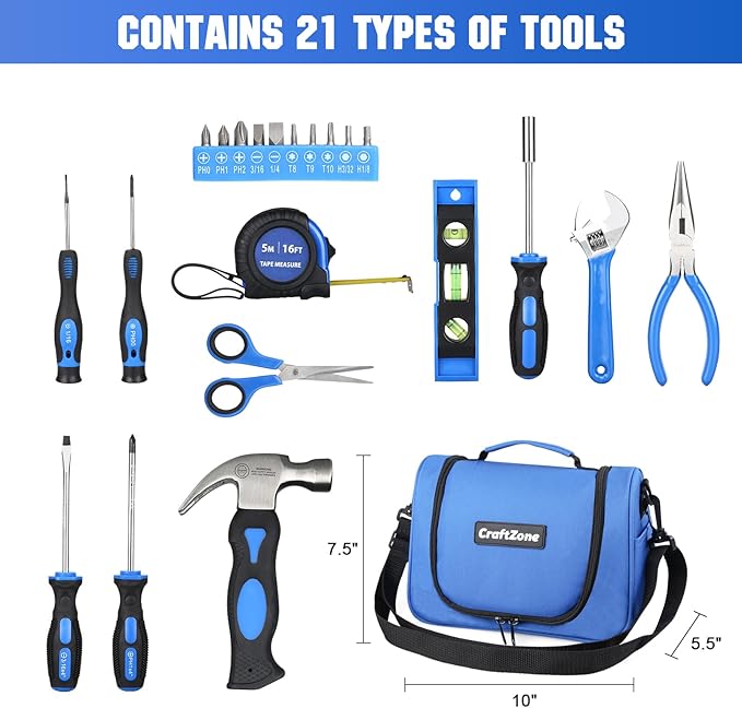 21-Piece Basic Household Hand Tool Kit,Home Repair Tool Set Bag for Dorm/Office/DIY/Desk/Apartment(Blue)