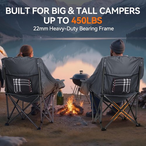 Huskfirm Oversized Camping Chairs - Heavy-Duty Padded Design with Cup Holder & Cooler Bag | Supports 450LBS, Grey