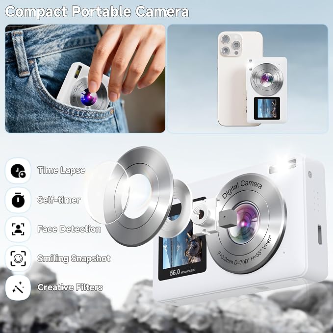 Digital Camera, 56MP 2.7K Dual-Screen Selfie Camera