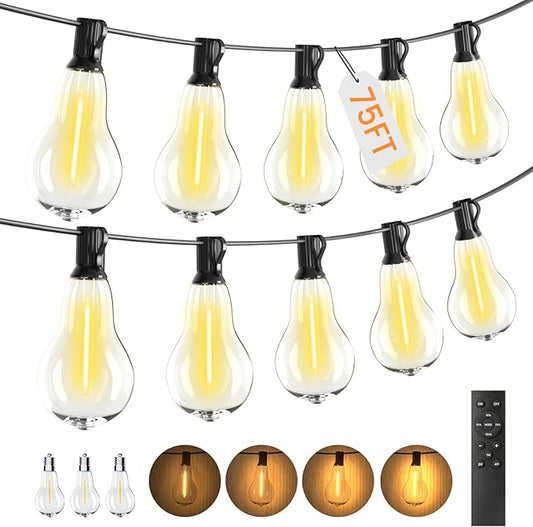 String Lights for Outside,75FT Patio Lights with 50+3 Bulbs(1.5FT Bulbs Spacing), outdoor string lights, Remote & Dimmer, 3 Mode Light & Timing, 50PC Mounting Ties for Outside, 2200K(Black)