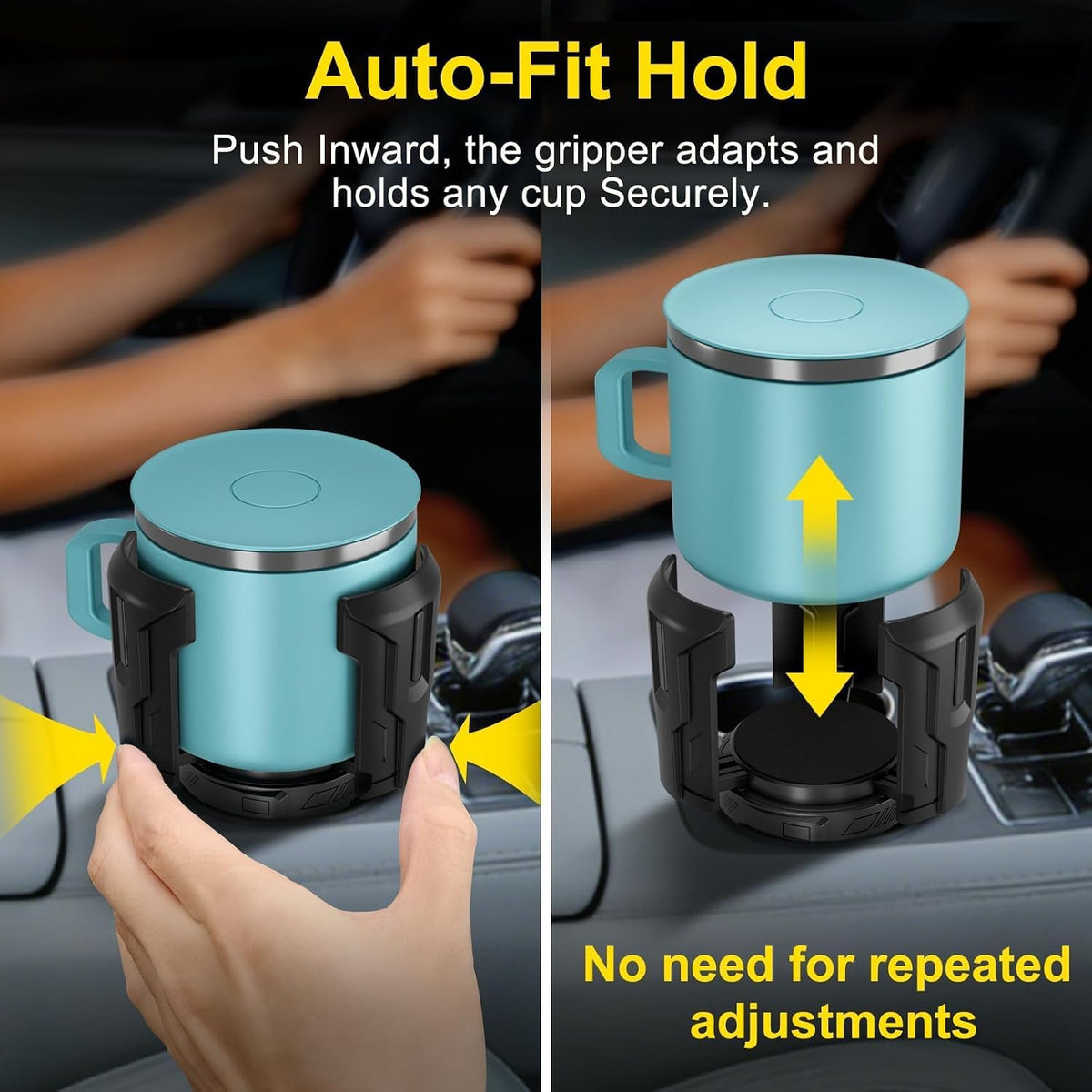 Cup Holder Expander (Adjustable Holder & Base, Auto-Fit Hold, One Button Open), Car Cup Holder Expander for Yeti, Hydro Flask, Nalgene, Owala, Bottles in 2.6"- 4.8" (Black, 2 Pack)