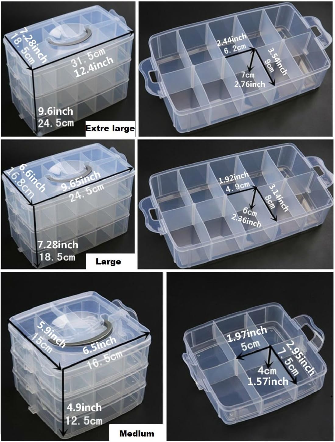 Kamay's 3-Tier Transparent Stackable Adjustable Compartment Slot Plastic Craft Storage Box Organizer for Toy Desktop Jewelry Accessory or Kitchen (3-Tier 18 Sections M Blue)